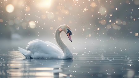 Tranquil scene of a white swan swimming in peaceful water with bokeh effectの素材