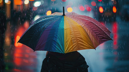 A person stands under a rainbow-patterned umbrella in the rain, creating a peaceful and vibrant atmosphereの素材