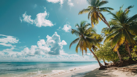 Beach with palm trees, calm sea, and sunny sky, perfect for vacation photo designsの素材