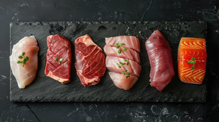 Close-up top view of raw veal, beef, pork, chicken fillet, and salmon steak on a black stone background, ideal for food photographyの素材