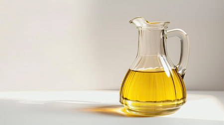Cooking oil in a clear glass jug, set against a white backgroundの素材