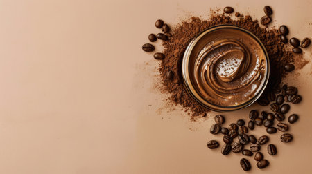 Top view of coffee exfoliating cream on light brown background for adsの素材