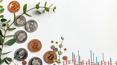 Top-down view of coins and stock market graph, investment concept, white background, copy spaceの素材