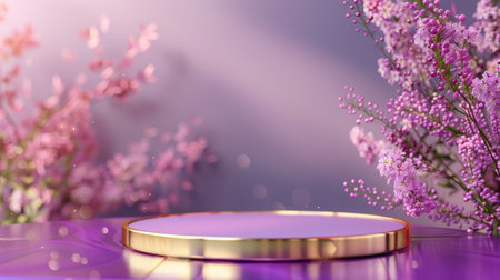 3D violet podium with gold rim, purple table, and bokeh backdrop for luxury product display and showroom showcaseの素材