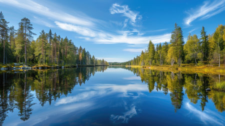 Calm blue water river reflecting surrounding trees and sky, creating a picturesque natural landscapeの素材