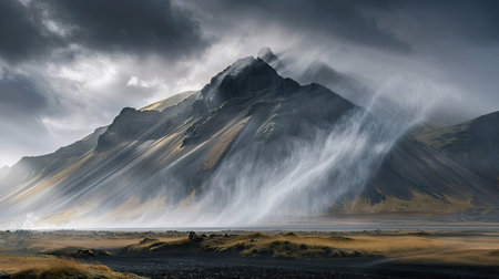Windbag in huge storm, dark mountains, Iceland, representing business creativity and overcoming challengesの素材