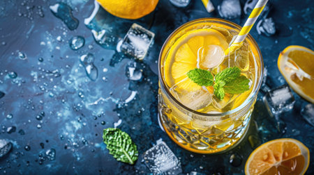 Glass of lemon soda on ice with honey, top view, refreshing and sweet summer refreshmentの素材