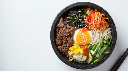 Closeup top view of Korean Bibimbap, isolated on white background, highlighting the rich colors and textures of the dishの素材