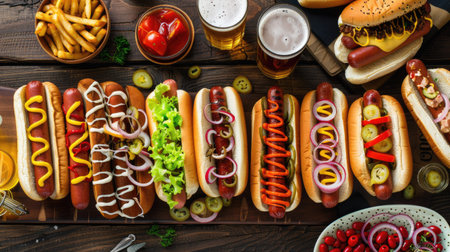 Homemade hot dogs arranged on a cutting board, with different varieties and beer glasses, viewed from aboveの素材