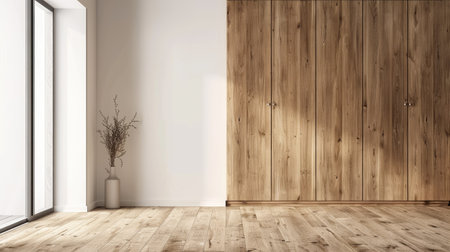 Modern wood dressing closet and entrance, with a white wall background, ideal for copy space or marketing in the roomの素材