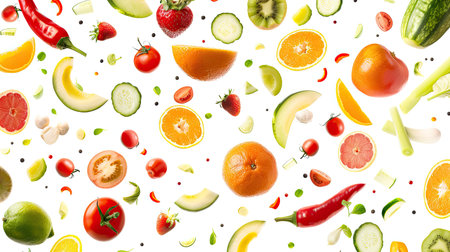 Assorted fresh fruits and vegetables in mid-air, creating a colorful seamless pattern on an isolated backdropの素材