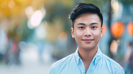 Charming Asian person looking directly at the camera, with friendly smile and background space for advertisement copyの素材