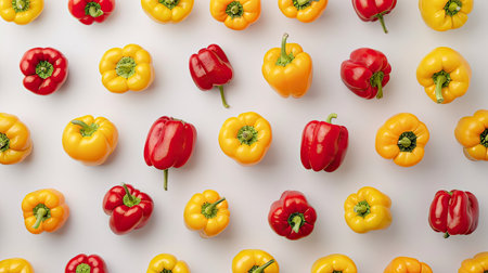 Aerial shot of red and yellow sweet bell peppers arranged on a white background. Ideal for fresh produce and culinary content.の素材