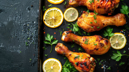 Aerial shot of golden fried chicken legs with lemon slices and parsley. Ideal for showcasing a delicious and well-presented meal.の素材