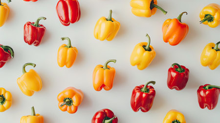 Flat lay of colorful red and yellow bell peppers on a clean white surface. Ideal for recipe and vegetable-themed contentの素材