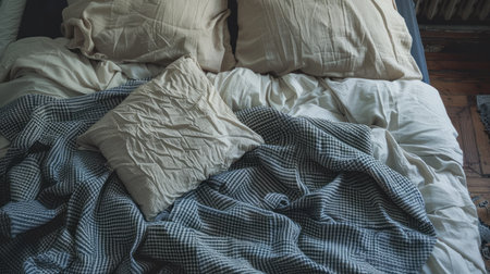 Flat lay of an unmade bed with a messy pillow and blanket. Great for illustrating casual, everyday bedroom scenes.の素材