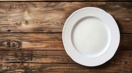 Plain white plate on a wooden background, top view. Great for food presentation or text overlay.の素材