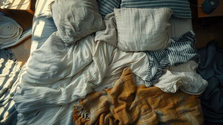 Top view of a messy bed with unmade pillow and blanket scattered. Ideal for depicting casual, lived-in spaces.の素材