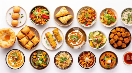 Top-down view of diverse Indian dishes such as curry, samosa, rolls, pani puri, and pakora isolated on white. Ideal for Ramadan Iftar collection.の素材
