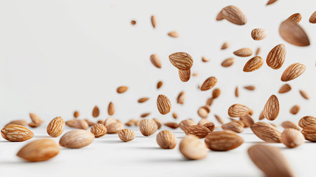 Scattering almond nuts in the air, isolated on a white background. Ideal for nut-based snack and health visuals.の素材