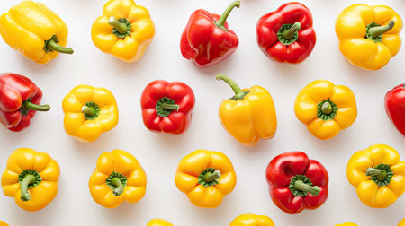 Top view of red and yellow sweet bell peppers isolated on a white background. Flat lay ideal for culinary and food imagery.の素材