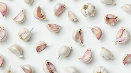 Top-down view of garlic cloves on a white background. Suitable for recipes, cooking tips, and ingredient shots.の素材
