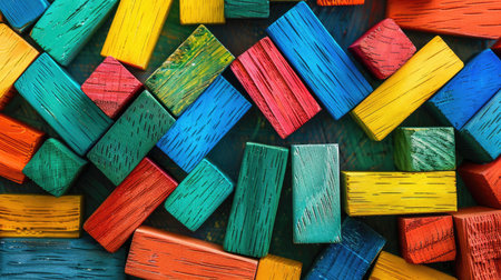 Brightly colored Montessori wooden bricks, randomly arranged in a seamless pattern for playful and educational designsの素材