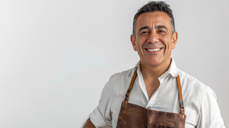 Happy middle-aged Latin man wearing an apron, looking at the camera with a white background, ideal for food preparation and lifestyle contentの素材