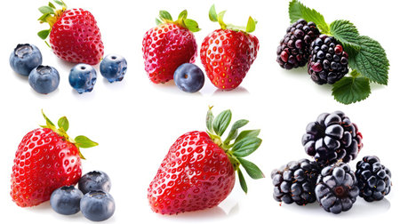 Fresh berries assortment isolated on white background, featuring strawberries, blueberries, raspberries, and blackberries in a vibrant setの素材