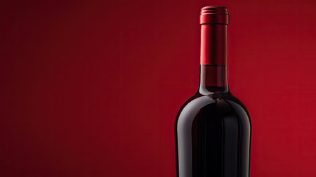 Close-up of a red wine bottle against a red background, emphasizing the contrast between the wineの素材