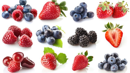 Variety of fresh berries isolated on white background, including strawberries, blueberries, raspberries, and blackberriesの素材