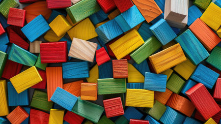Randomly arranged colorful wooden Montessori bricks forming a seamless pattern design, highlighting educational construction materialsの素材