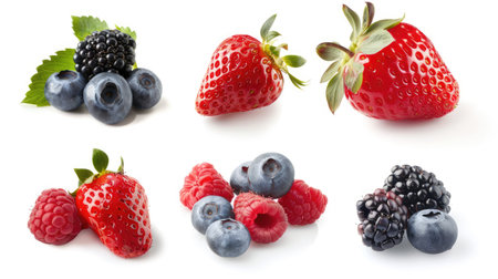 Collection of fresh berries isolated on a white background, showcasing vibrant strawberries, blueberries, raspberries, and blackberriesの素材