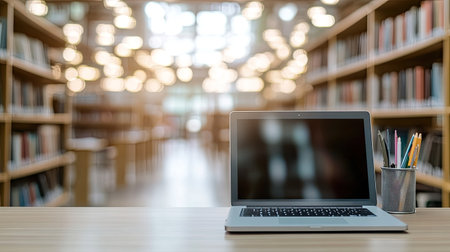 Workspace with a portable laptop, stationery, and plenty of copy space, over a softly blurred office or library background.の素材