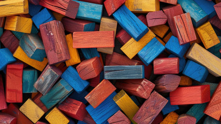 Brightly colored wooden Montessori bricks, randomly arranged to form a seamless pattern, perfect for educational designsの素材