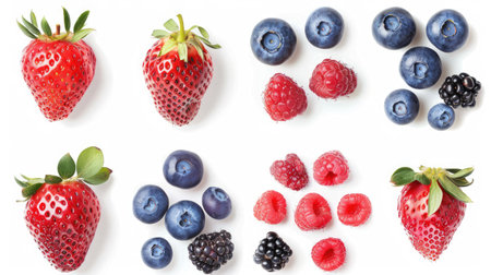 Isolated collection of fresh berries on white background, featuring strawberries, blueberries, raspberries, and blackberriesの素材