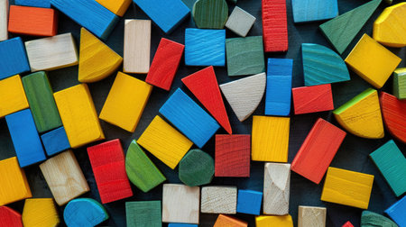 Montessori wooden bricks in assorted colors and shapes, creating a random, seamless pattern for educational designsの素材