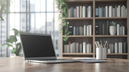 Workspace with a portable laptop, stationery, and plenty of copy space, over a softly blurred office or library background.の素材