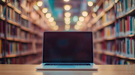 Portable laptop on a workspace with stationery and copy space, set against a blurred office or library environment. Perfect for work and study themes.の素材