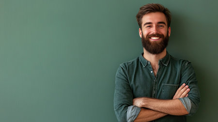 Bearded young man with a smile and arms crossed, waist-up against a pastel green background. Minimal and stylish portrait with ample copy space.の素材