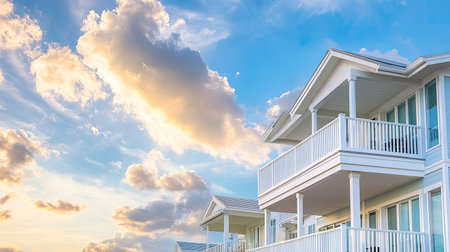Detailed view of a coastal home against a blue, cloudy sky, featuring ample copy space. Perfect for real estate and coastal design promotions.の素材
