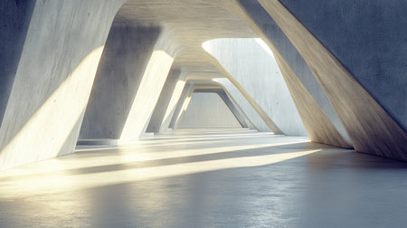 Futuristic 3D architectural design with a concrete floor, offering significant copy space. Ideal for technology and innovation visuals.の素材
