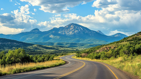 Scenic roadside view of a mountain range with a highway curving through the landscapeの素材
