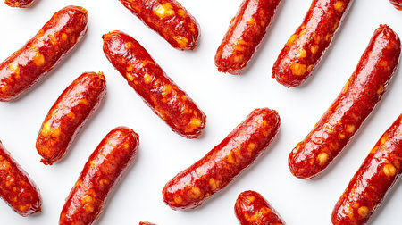 Pattern of crispy fried red sausages, appetizing and crunchy on whiteの素材
