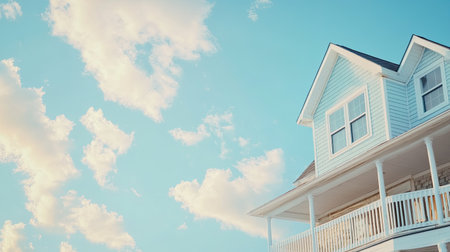 Detailed view of a coastal house with a blue, cloudy sky in the background. Offers plenty of copy space for home and lifestyle themes.の素材