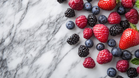 A mix of colorful berries on a marble surface, with plenty of open space for copy or design elements.の素材