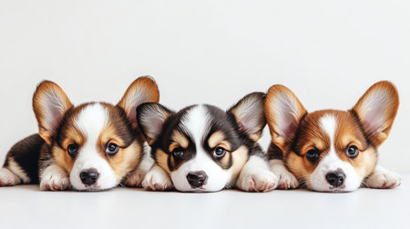 Adorable Welsh Corgi Cardigan puppies on a white background, showcasing their fluffy cuteness with ample copy space for text.の素材