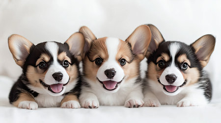 Adorable Welsh Corgi Cardigan puppies on a clean white surface, capturing their cuteness with plenty of copy space for pet-related promotions.の素材