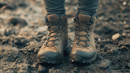Close-up of female hiker shoes on rugged terrain, with ample copy space for individual text, perfect for outdoor and adventure themes.の素材