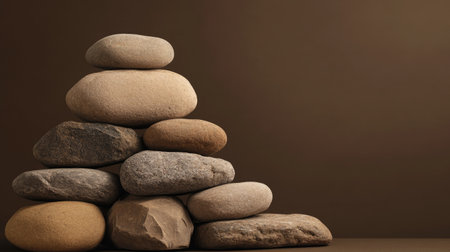 Brown background with a heap of stones serving as a podium, perfect for product displays and presentations with ample copy space.の素材